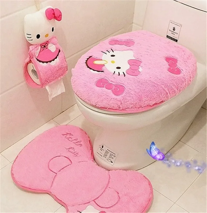 Cute Hello Kitty Toilet Seat Cover, Floor Mats, Caixa de tecido lavável, Soft Winter Mat, Acessórios quentes do banheiro doméstico