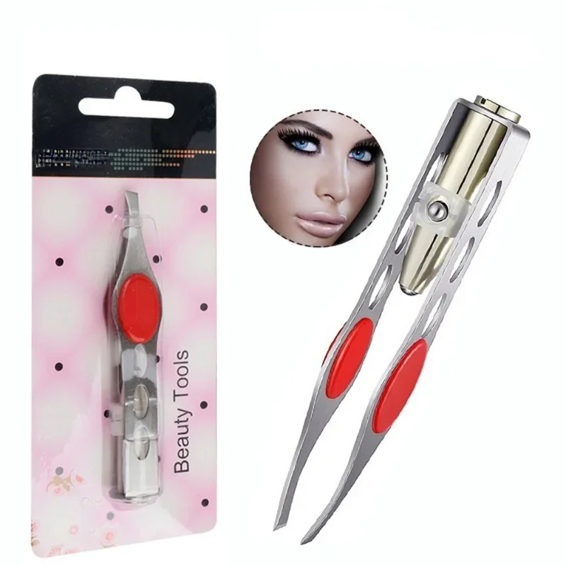 LED Eyebrow Tweezers Oblique Tip Eyebrow Trimming Clip Stainless Steel Eye Hair Removal Clamp False Eyelashes Curler Makeup Tool