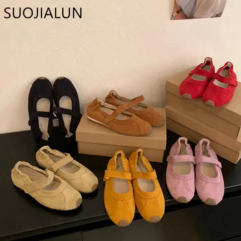SUOJIALUN 2025 Women Flat Shoes Fashion Round Toe Ladies Casual Dress Mary Jane Shoes Soft Flat Heel Outdoor Single Shoes