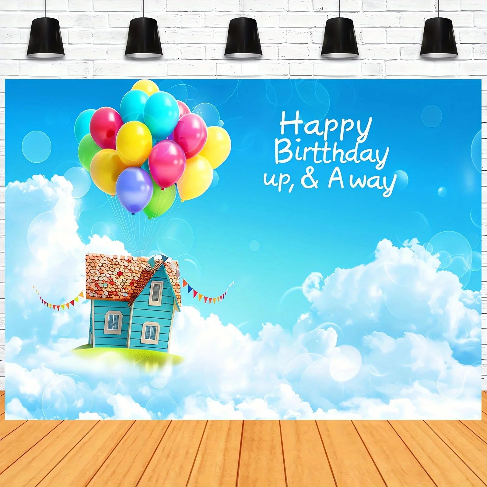 Fotohintergrund für Geburtstagsfeiern, Abenteuer „Happy Birthday“, Luftballons, Partydekoration, blauer Himmel, weiße Wolken, Banner-Dekoration – Detail 2