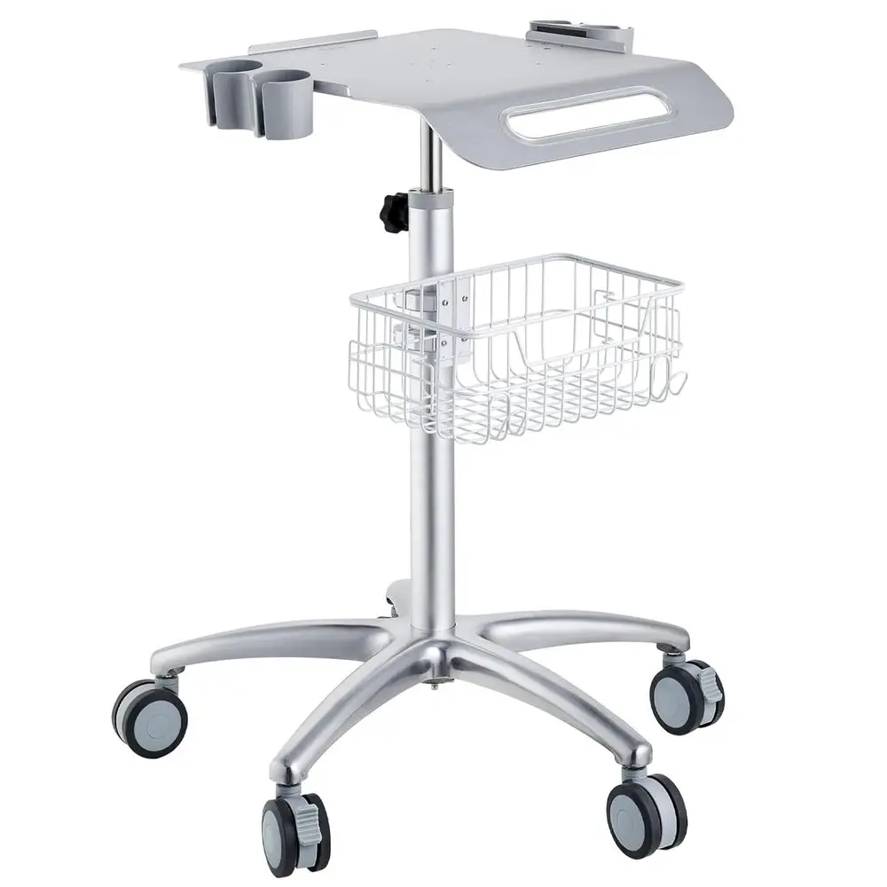 Adjustable Height Medical Cart with Large Stainless Steel Work Surface and Storage Basket for Various Equipment