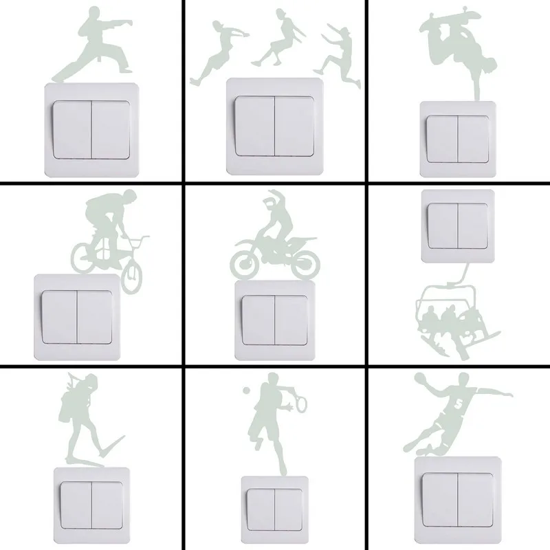 Cartoon Sport DIY Wall Switch Stickers Glow in the Dark Taekwondo/Parkour/Skateboard/Biking/Motocross/Ski/Diver/Tennis/Handball