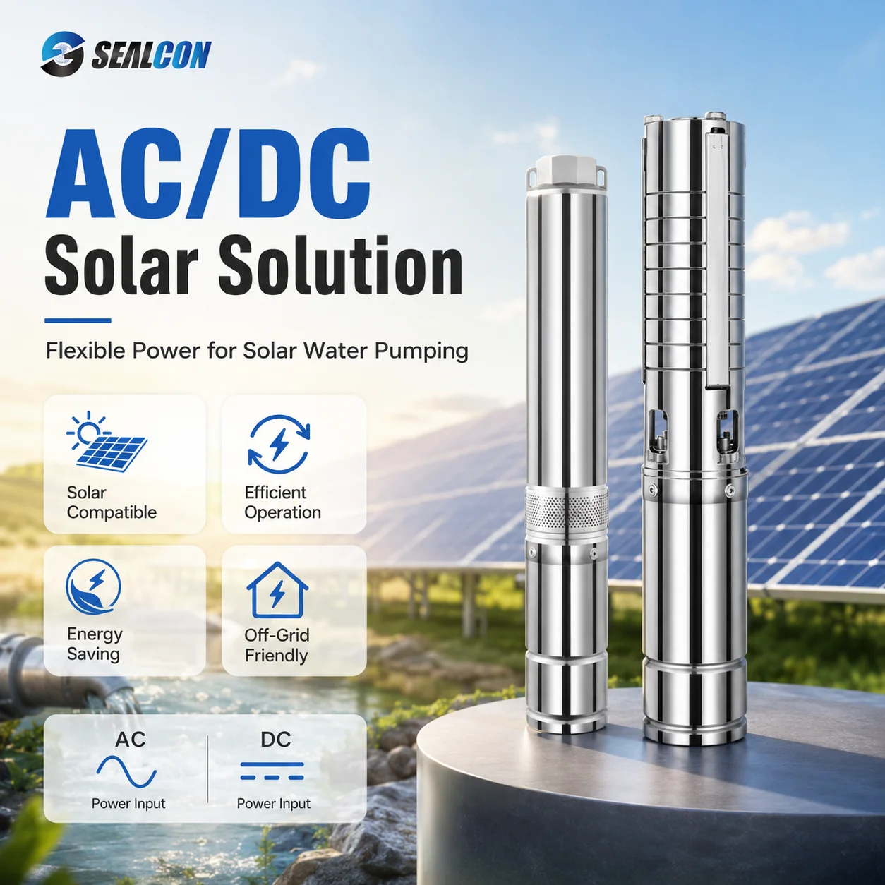 OEM Service Provided AC/DC Hybrid Solar Submersible Deep Well Pump Stainless Steel Borehole Pump for Off-grid Rural Water Supply