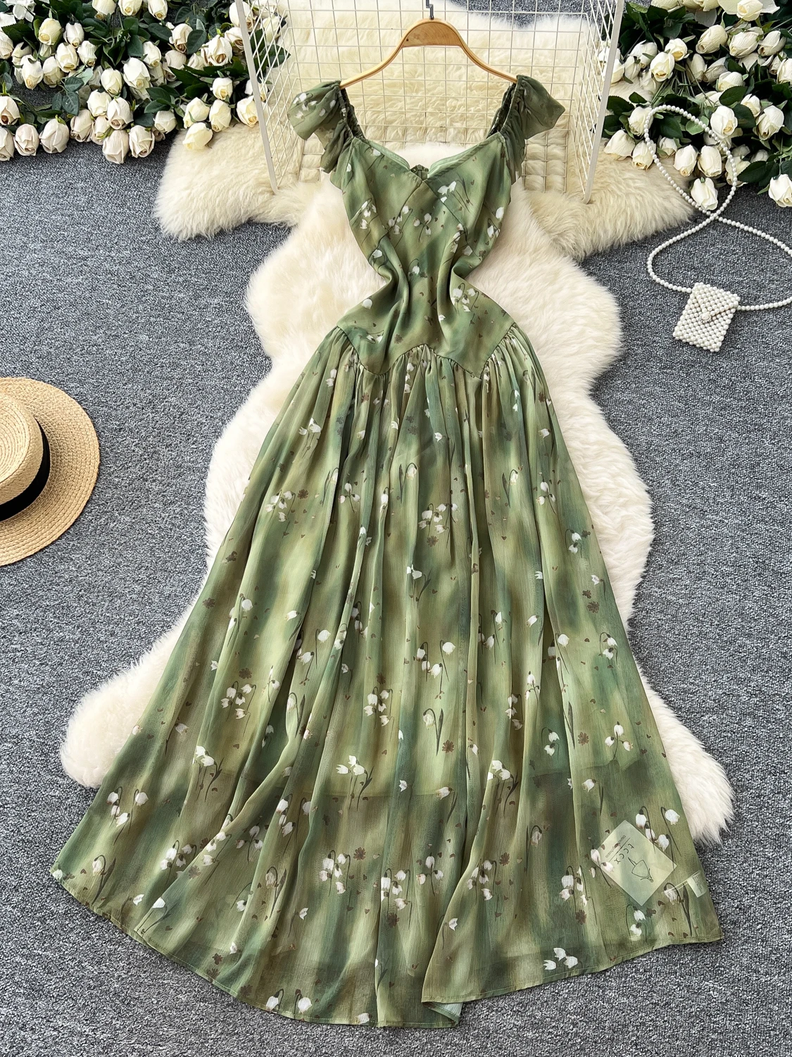 Ele High Waist A-Line Dr Korean Sle Floral Print Chiffon Off-oulder Puff Sve Square Collar Slimming Long Dr – חוות דעת מפורטת ואמינה על מכנסי שרוול ארוכים עם צבעים מרהיבים