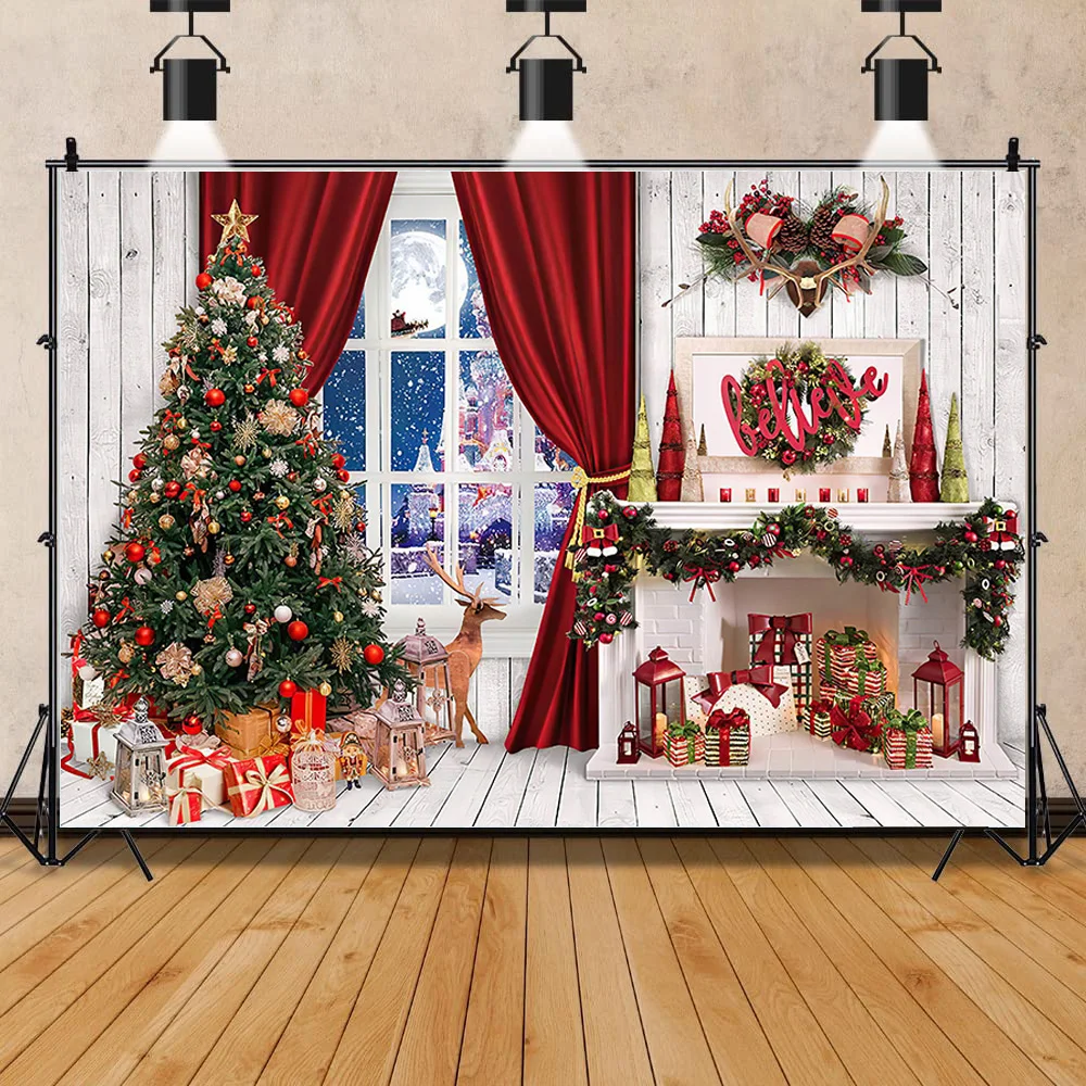 SHENGYONGBAO Christmas Tree Flower Wreath Wooden Gift Photography Backdrop Window Snowman Cinema New Year Background Prop GH-79