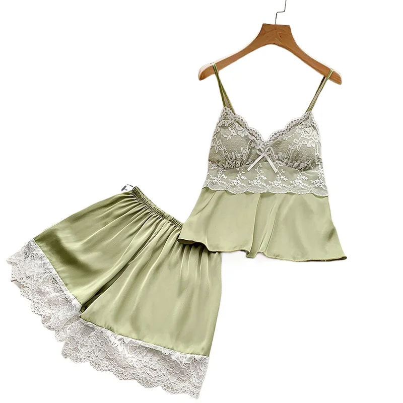 Women's Summer Ice Silk Thin Sexy Lace Suspender Shorts Set Underwear Premium Sense with Chest Pad Outside Loungewear Pajamas