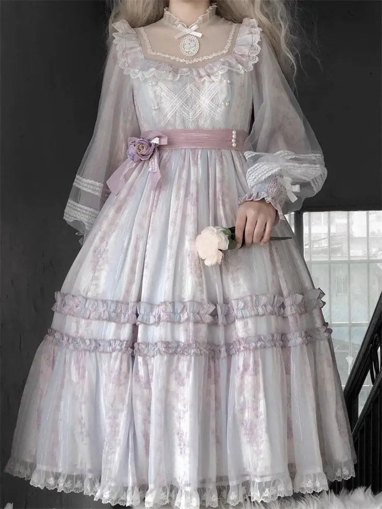 Abito Principessa Lolita Taglia Grande L-4XL, Stile Pastorale Primavera-Autunno, Maniche Lunghe, Vita Alta con Volant, Colore Viola Chiaro