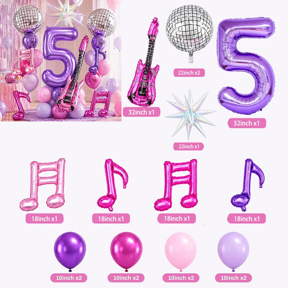 Kpop Geburtstagsdekorations-Ballon-Set, Discokugel, Gitarren- und Musiknoten-Ballons, Ornamente, Lila Geburtstagsparty-Zubehör, Partyartikel – Detail 9