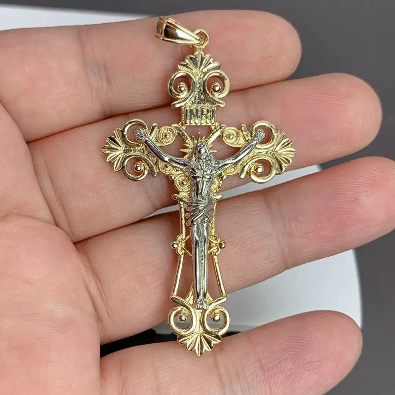 

New Catholic Christ Metal PVD 18k Gold Plated Cross Necklace Pendants Large Size Crucifixion of Jesus Charms Religious Jewelry