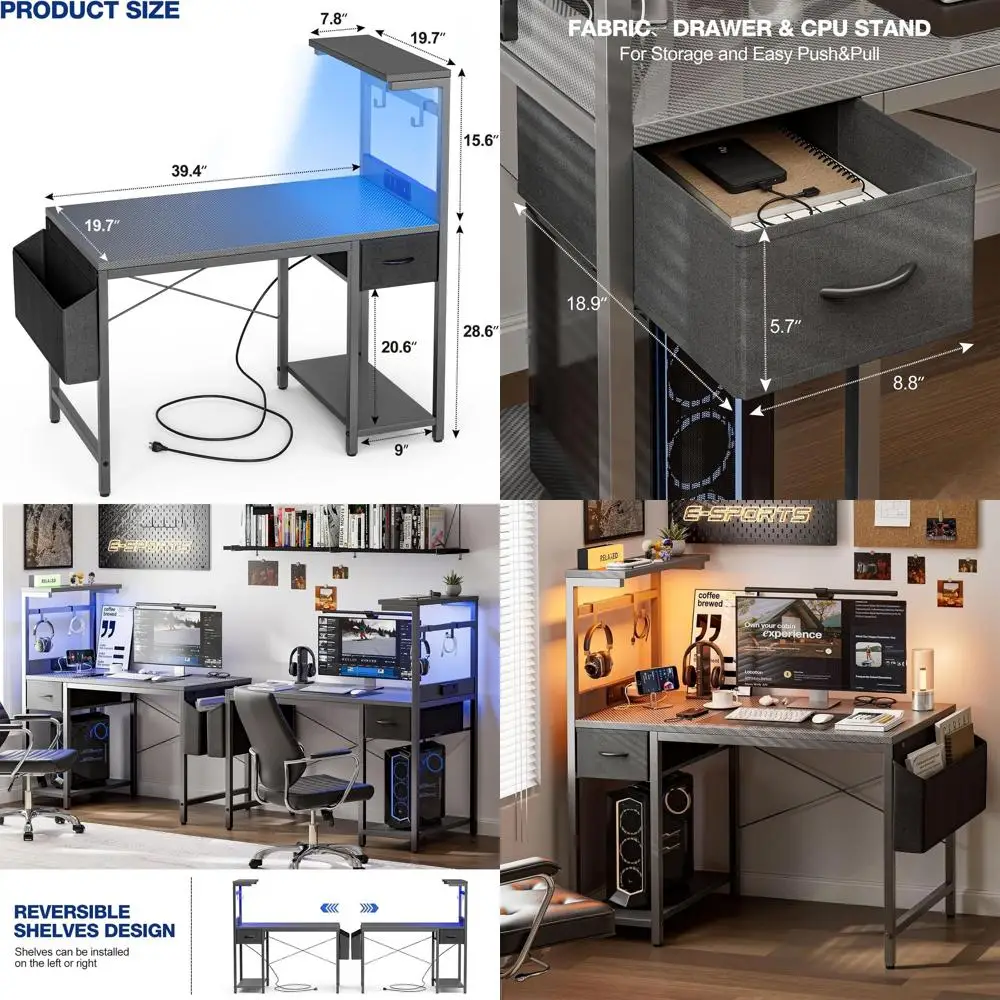 

40 игровых столов из углеродного волокна с розеткой, светодиодной подсветкой и хранилищем для домашнего офиса, ПК, рабочей станции
