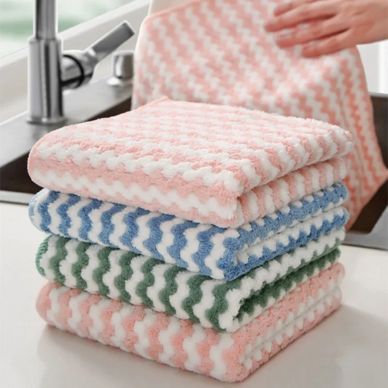 Coral Velvet Dishwashing Cloth Kitchen Absorbent Scouring Cloth Cationic Wiping Thickened Daily Dishwashing and Pot Cleaning