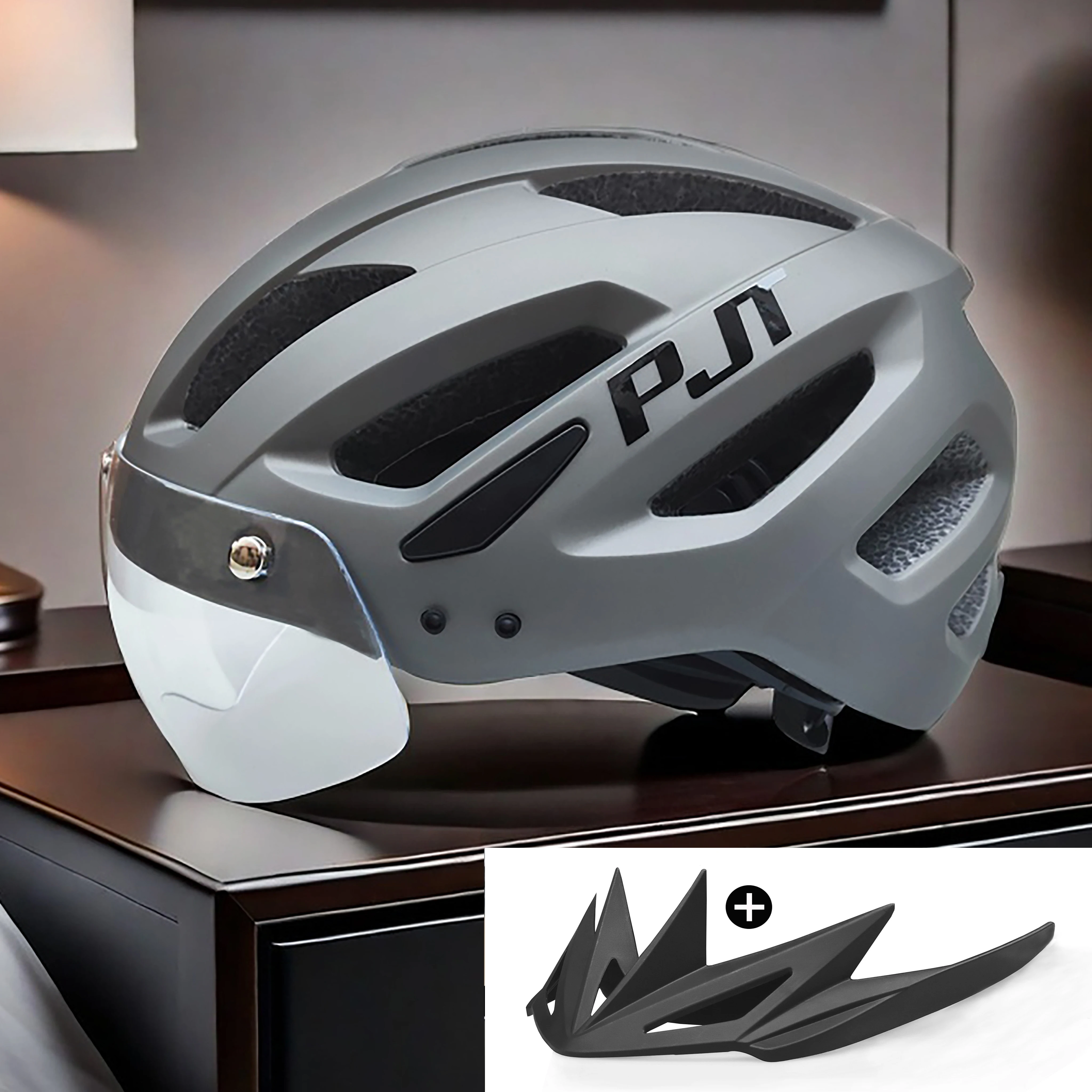 PJT Nieuwe LED Fietshelm Met Zonnebril Vizier Oplaadbare LED Heren Fietshelm Zonnebril Schild Road MTB Fietshelmen
