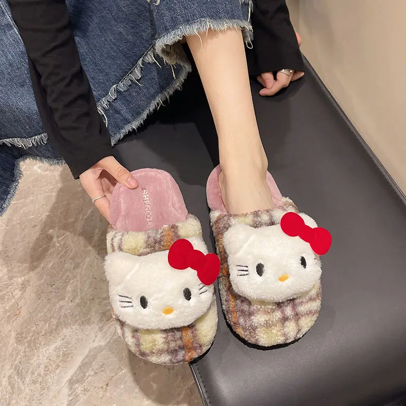 Sanrio Hello Kitty Thick Soled Hairy Slippers Women Winter New Warmth Home Cotton Shoes Korean Style Casual Trend Plush Slippers