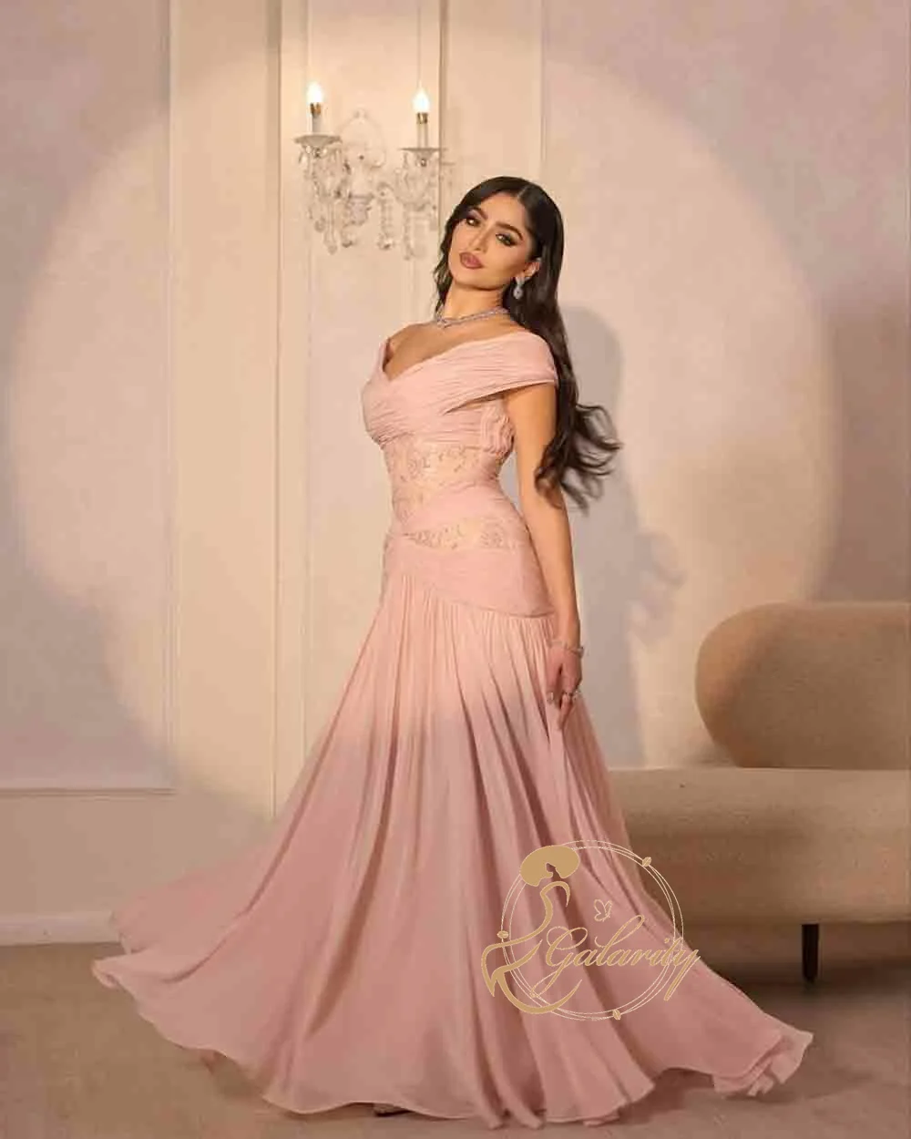 Galarity Pink Arabic Evening Dresses Off Shoulder Pleated Engagement Gown Lace Formal Party Dress Long Prom Dress Customizd