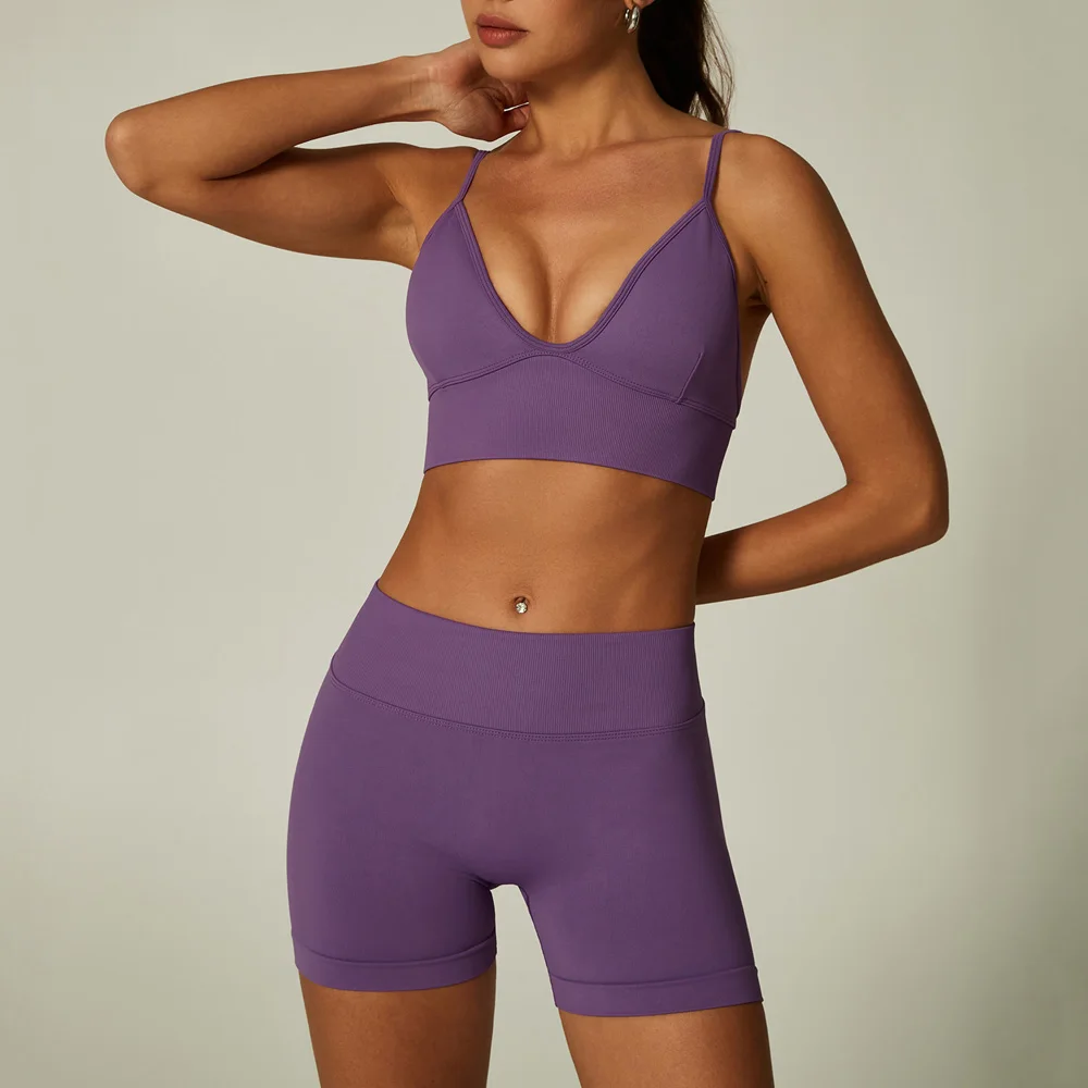 Seamless Yoga Set Strappy Sports Bra V Back Waist Running Shorts 2 Pieces Set Gym Clothes Woman Sportswear Fitness Outfits