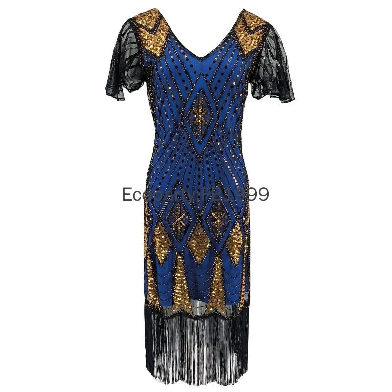 1920s Women Flapper Fringe Dress Sexy V-neck Butterfly Sleeve Sequin Banquet Party Evening Dress Ladies Vintage Gatsby Costumes