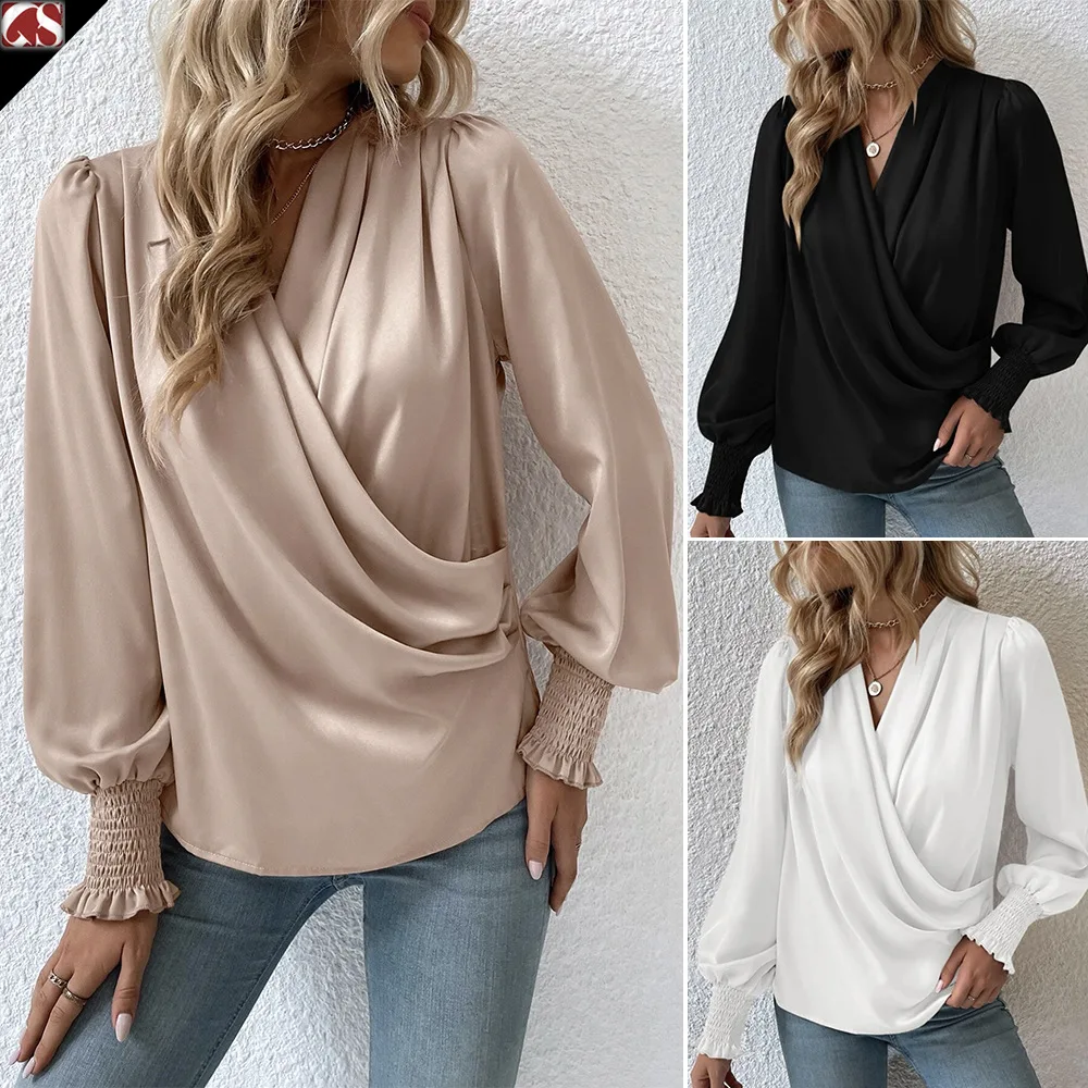 

Elegant Clothing V-neck Lantern Sleeves Temperament Commuter Women's Solid Color Shirt European American Women's Clothing