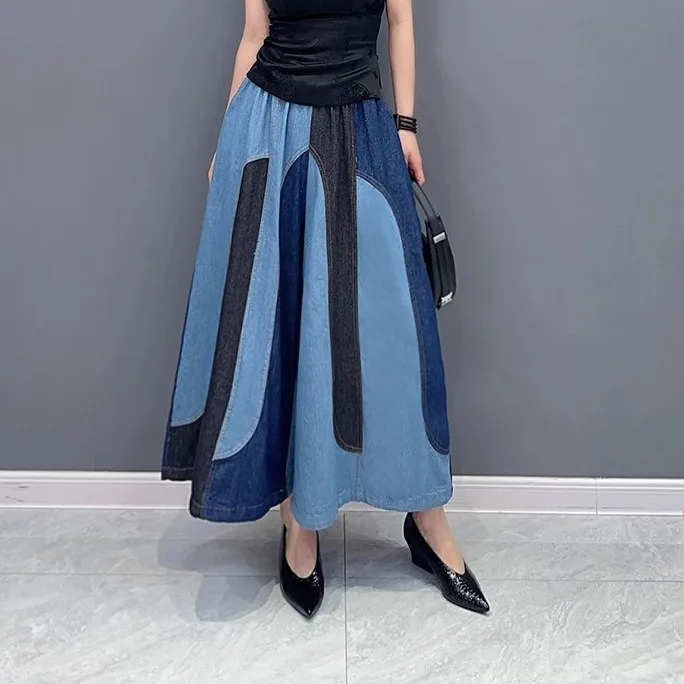 

Джинсы женские в корейском стиле, с цветными вставками, на резинке, весенняя новинка, свободные, стройнящие фигуру, стильные, широкие штанины