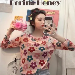 Boring Honey-Blusa de manga larga para mujer, camisa de Base con protección solar, ajustada, con estampado de granadina