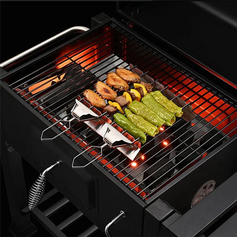 

J1UL1N 3 Way Grill Skewers Shrimp Skewers Set For Grilling Reusable Semi-Automatic BBQ Fork Kebab Stick Outdoor