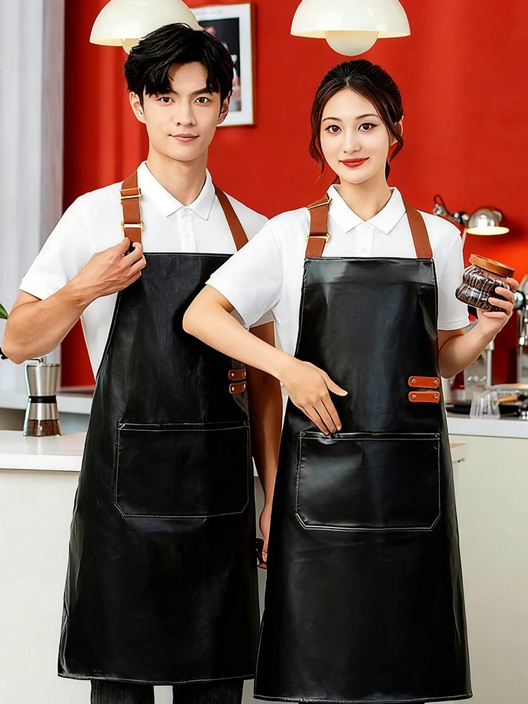 

Waterproof PU Leather Apron with Neck Strap Long Bib Waist Aprons for Seafood Market Restaurant Kitchen Dish Washing Butcher