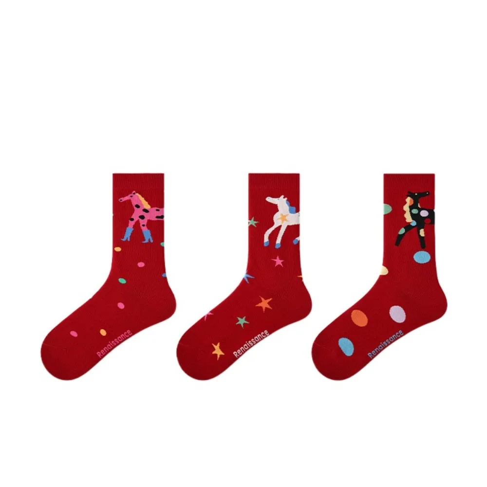 

3Pairs Winter Autumn New Year Tube Socks Mid Calf Cartoon Year of The Horse Socks Comfortable Good Luck Red Cotton Socks Gift
