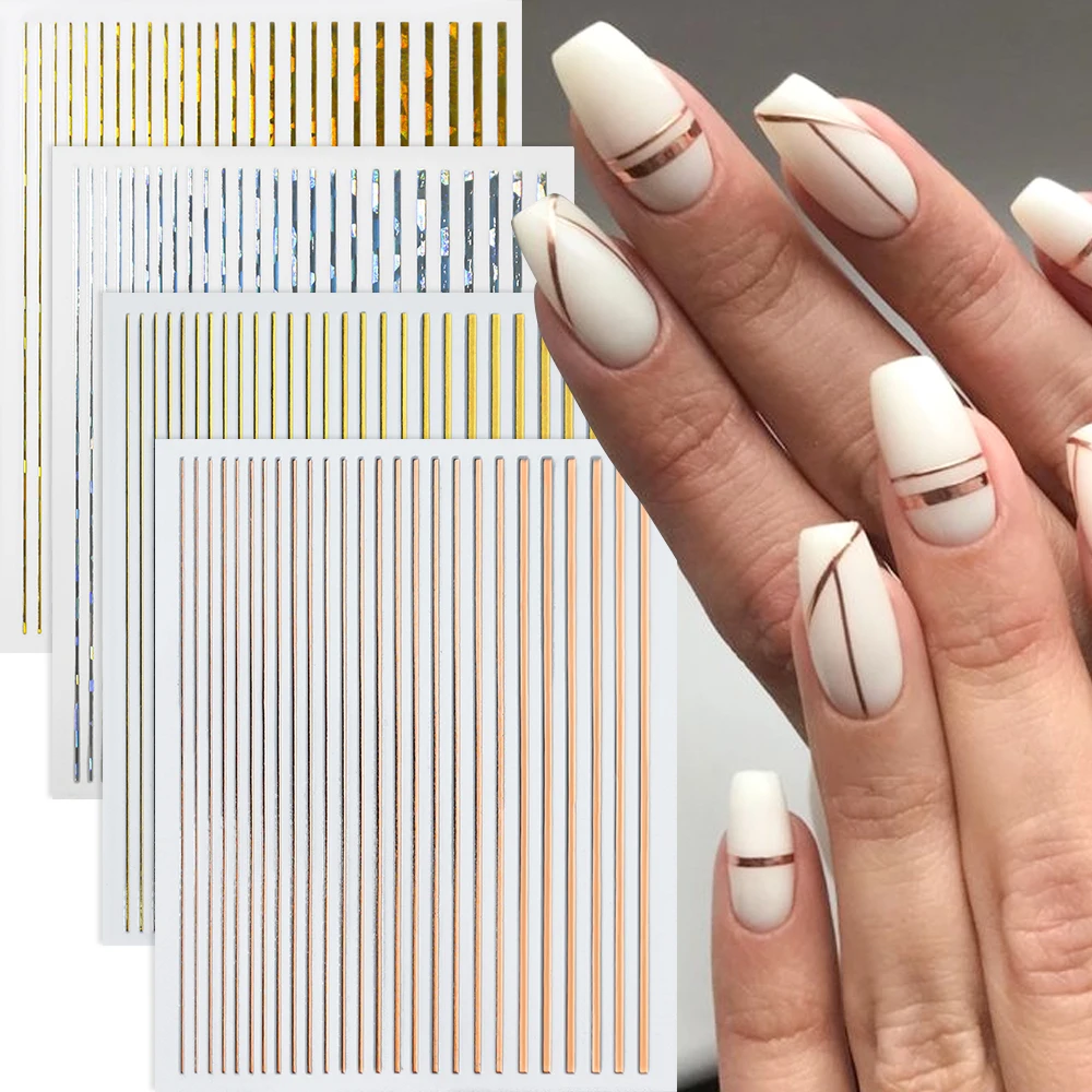 1pc French Line Nails Stickers Stripe Design Sparkly Laser Gold Silver Color Stripe Decals 3D Creative Geometry Manicure Tips