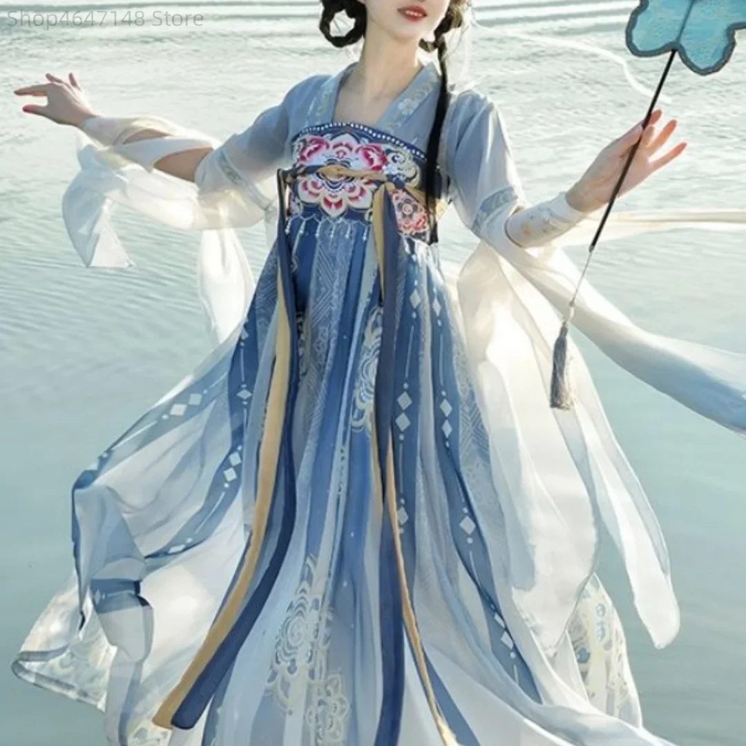 yeshanfu-ドレス女性中国唐王朝ヴィンテージ漢服スーツ妖精コスプレ衣装ピンク-ブルー漢服パーティードレス