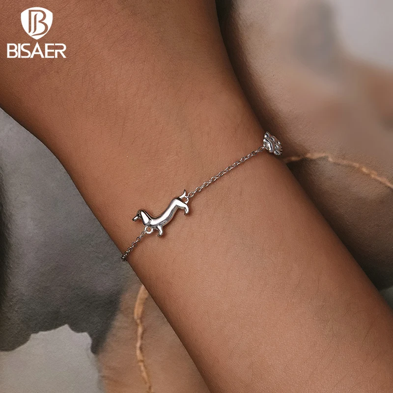 BISAER 100% 925 Sterling Silve Cute bassotto bracciale Pet Dog Bangle placcato platino per le donne Party Fine Jewelry ECB262