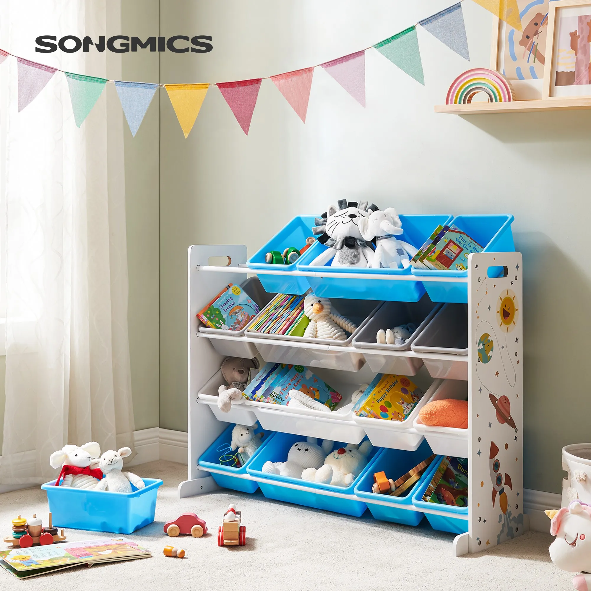 SONGMICS Toy Shelf,4-Level Kids Toy Organizer with 16 Plastic Cubes,for Children's Room,Playroom,White,Blue and Gray, Christmas