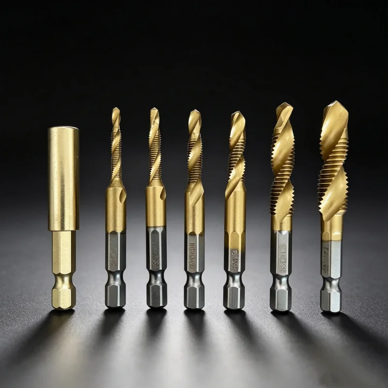 6PCS HSS Titanium Coated Combination Drill Tap Bits Set, Hex Shank Thread Tapping Drill Bits with Extension Holder for Metal Woo