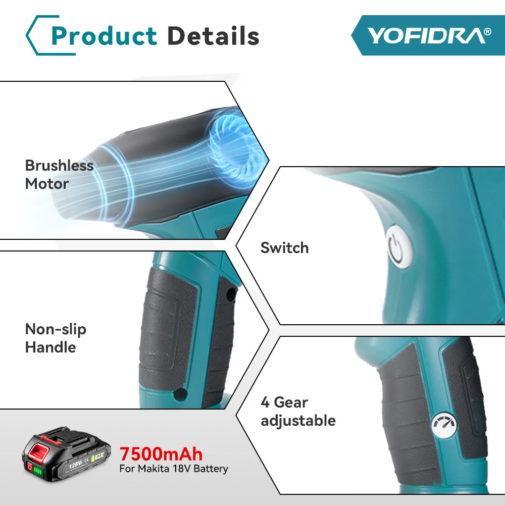 YOFIDRA Brushless Electric Turbo Blower Jet Fan 4 Gears Violent Car Dryer Handheld Dust Air Gun Blowing for Makita 18V Battery