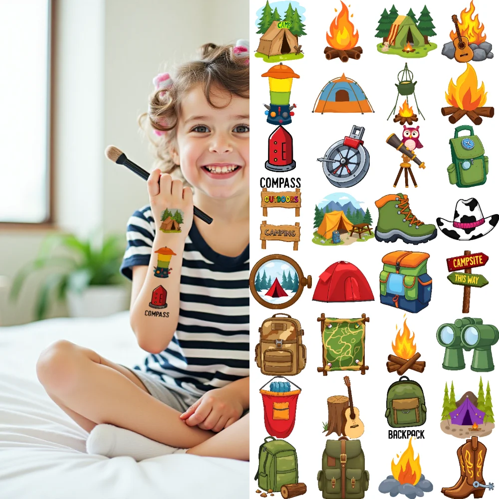 

54 шт., временные татуировки, наклейки для кемпинга, водонепроницаемые долговечные наклейки для тела, украшения для пешего туризма, мультяшный лагерь для девочек
