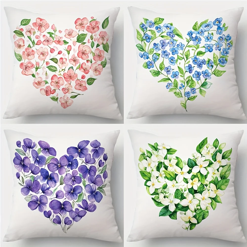 

4pcs Spring Summer Floral Heart Print Pillowcases - Pink Blue Purple White Flowers, Contemporary Romantic Style, Soft Light Beig