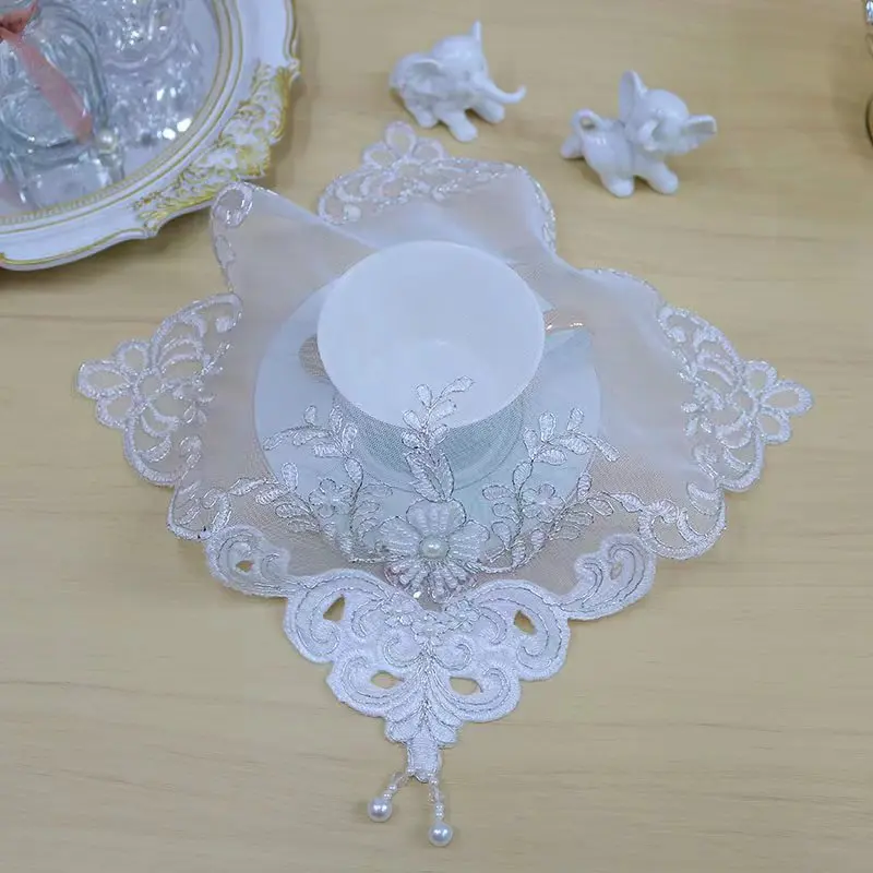 

TOP white flowers beads Embroidery table cloth cover wedding party tablecloth kitchen Christmas Table decoration and accessories