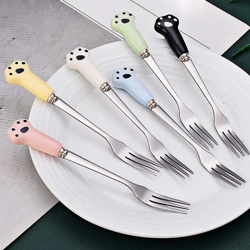 

Cute Cartoon Cat Paw Fruit Fork Food Grade Stainless Steel Edges Mirror Polished Portable Tableware Fork For Adults Kids School