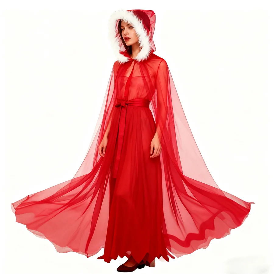 

Christmas Tulle Cape Versatile Holiday Costume Poncho Red Tulle Cape Soft Santa Claus Cape For Cosplay Holiday Photography