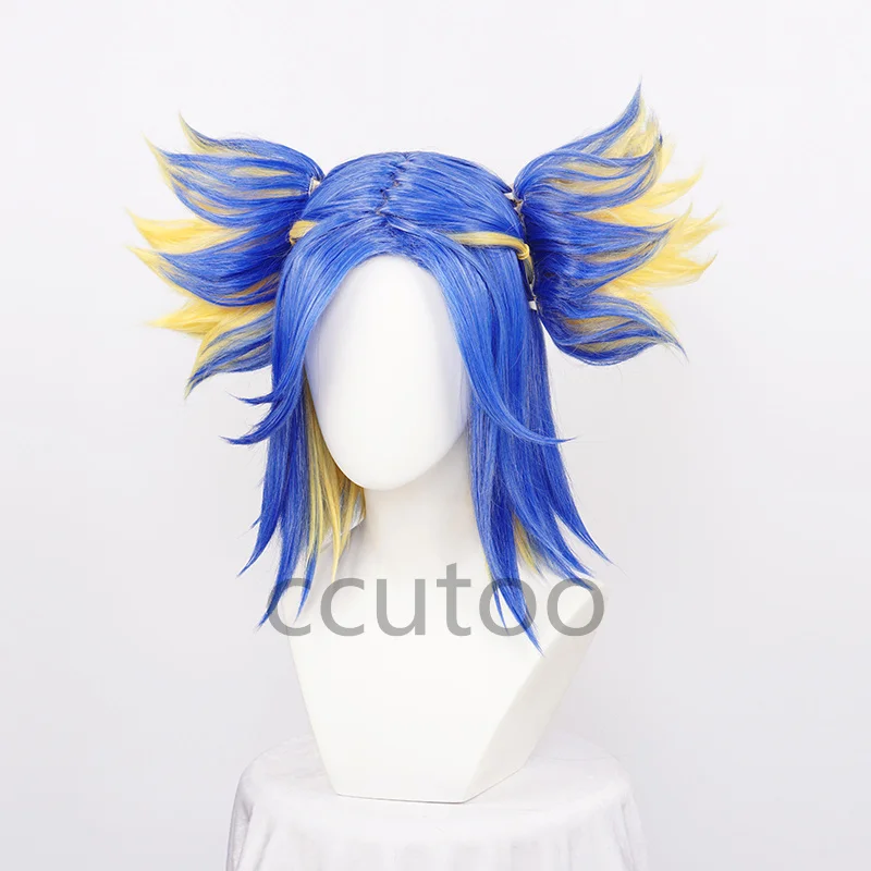 Peluca de neón Valorant para Cosplay, pelo sintético resistente al calor, corto, azul, amarillo, mezclado, juego de rol para Halloween