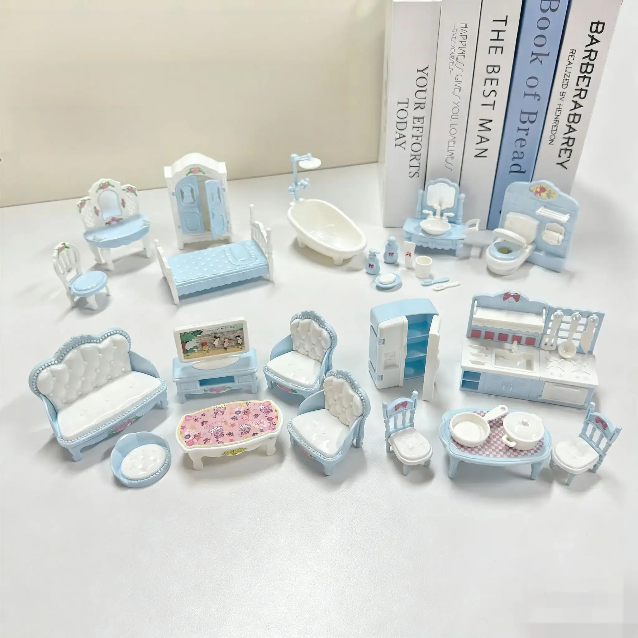 

Новый сине-белый набор кукольного домика 2025 года - полноценная мебель для гостиной/кровати/ванной/кухни для детей, погружающая ролевая игра