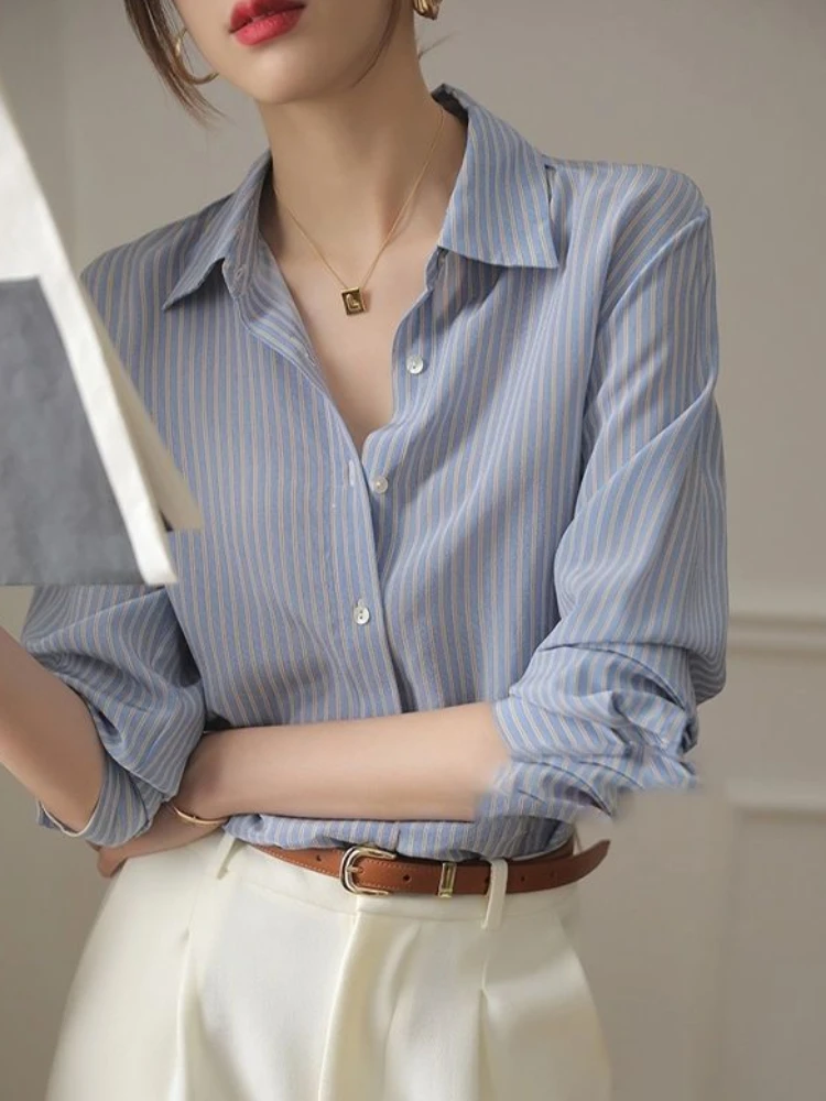 Blue Striped Shirts & Blouses for Women Full Long Sleeve Woman Top Chiffon Spring Autumn Button Up Loose Aesthetic High Quality