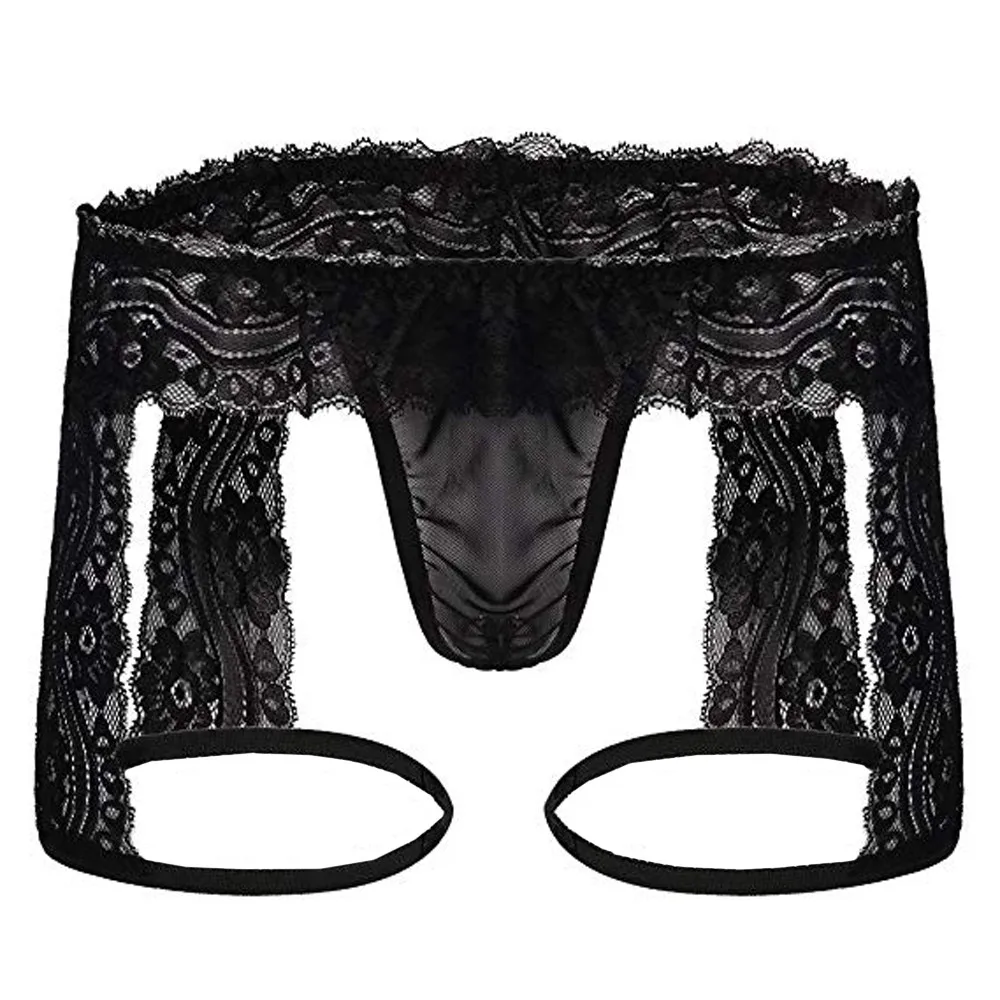 Men Lace Trunks Thong Pants See Through Gay Underwear Hollow Out Bulge Pouch Garfers Tanga Hombre Breathable Party Cuecas
