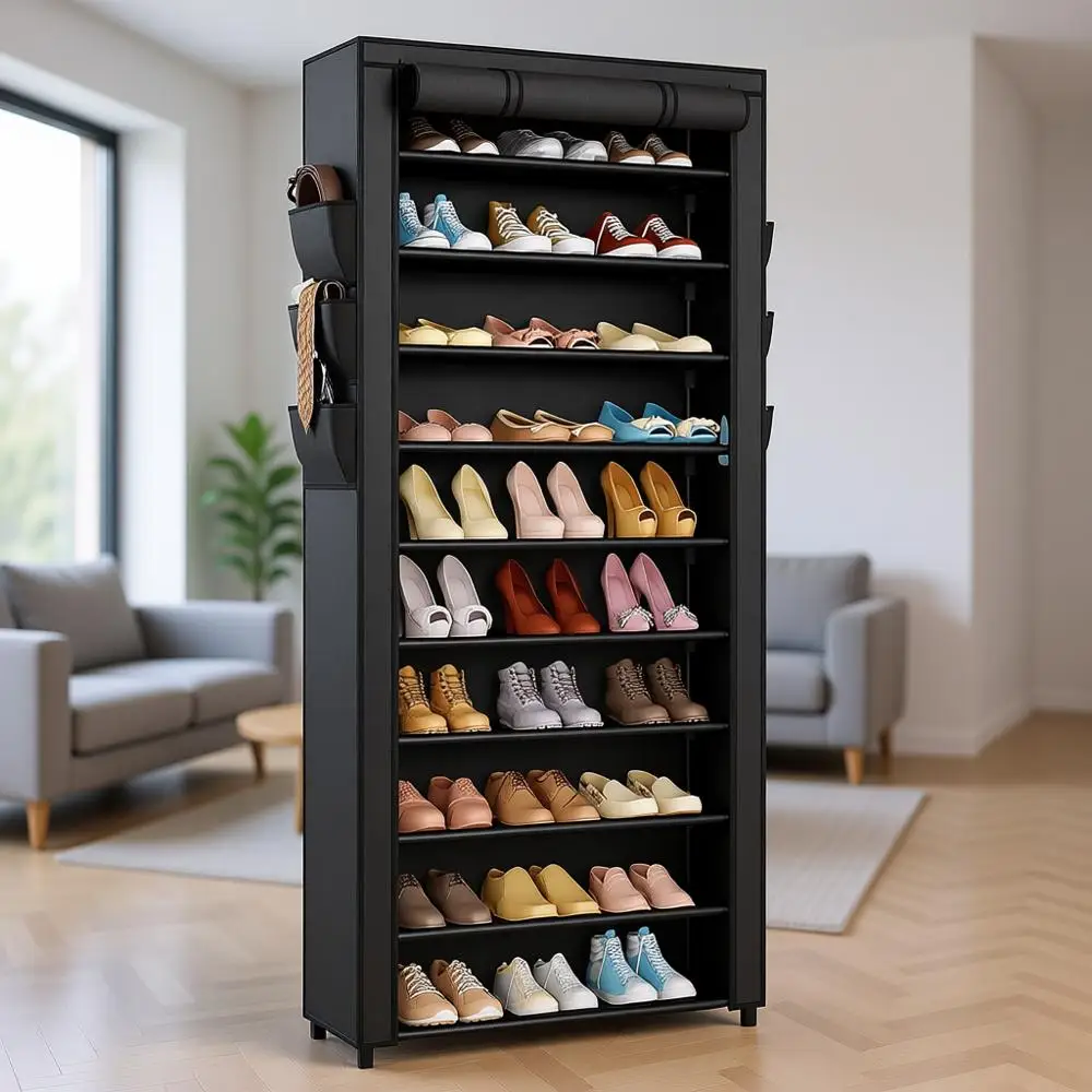 

10-Tier Tall Shoe Rack Organizer with Non-Woven Cover for 36-41 Pairs, Dustproof, Black