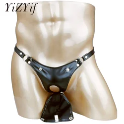 Tanga Sexy de piel sintética para hombre, suspensorio gay, bolsa de bulto con hebilla, ropa interior Gay