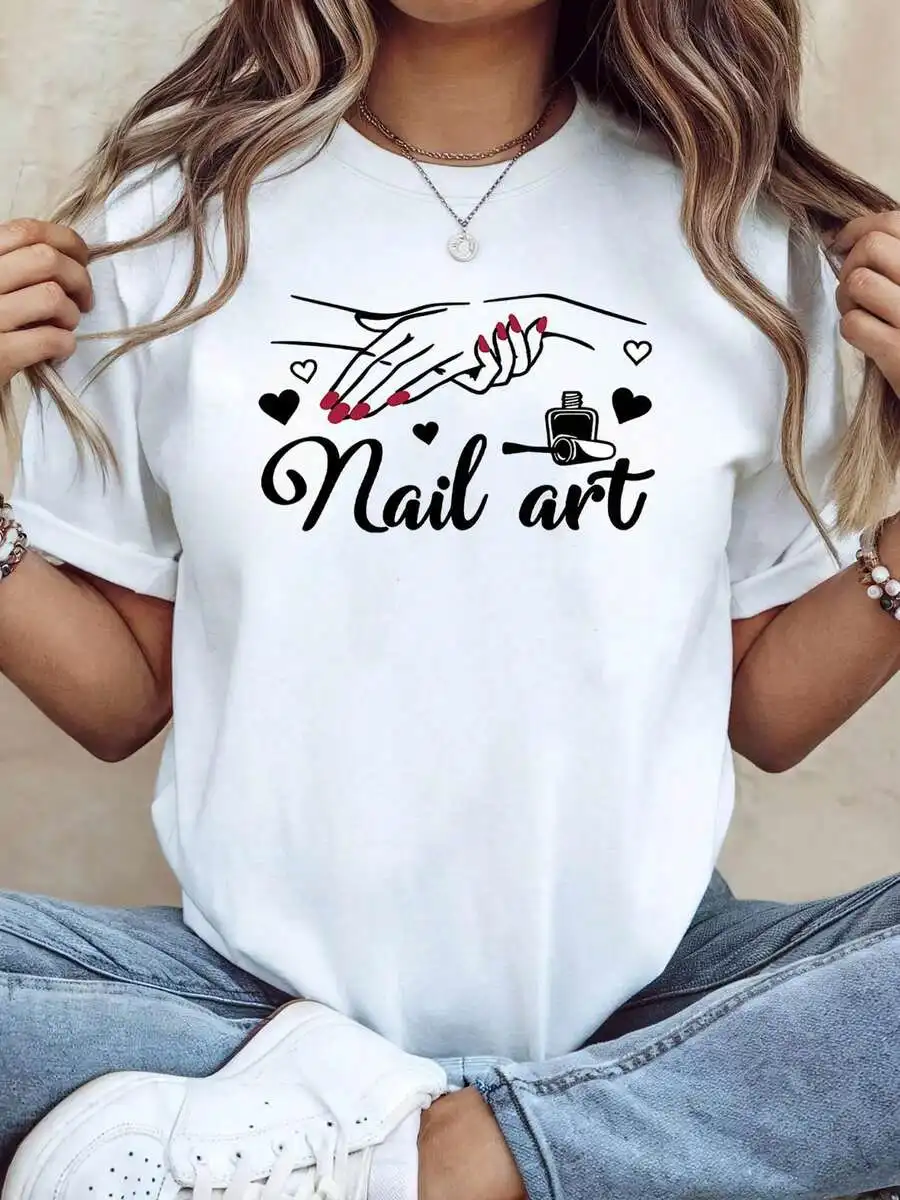 Women's Oversized Graphic Tee Nail Art Manicure Hand Print Crewneck Short Sleeve Gentle Delicate Casual Top Nail Salon Work Daily Outing Gift Idea