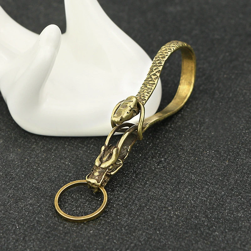 Pure Brass Dragon Horse Head Keyrings Zodiac Dragon Keychain Men Waist Buckle Car Key Chain Pendant Charms Vintage Jewelry
