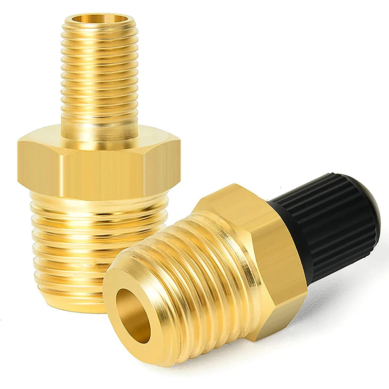 Adattatore per gonfiaggio aria in ottone da 2 pezzi con stelo della valvola all'interno del connettore per gonfiaggio pneumatici da 1/4 "NPT (M) a Standard Schrader Valve (M)