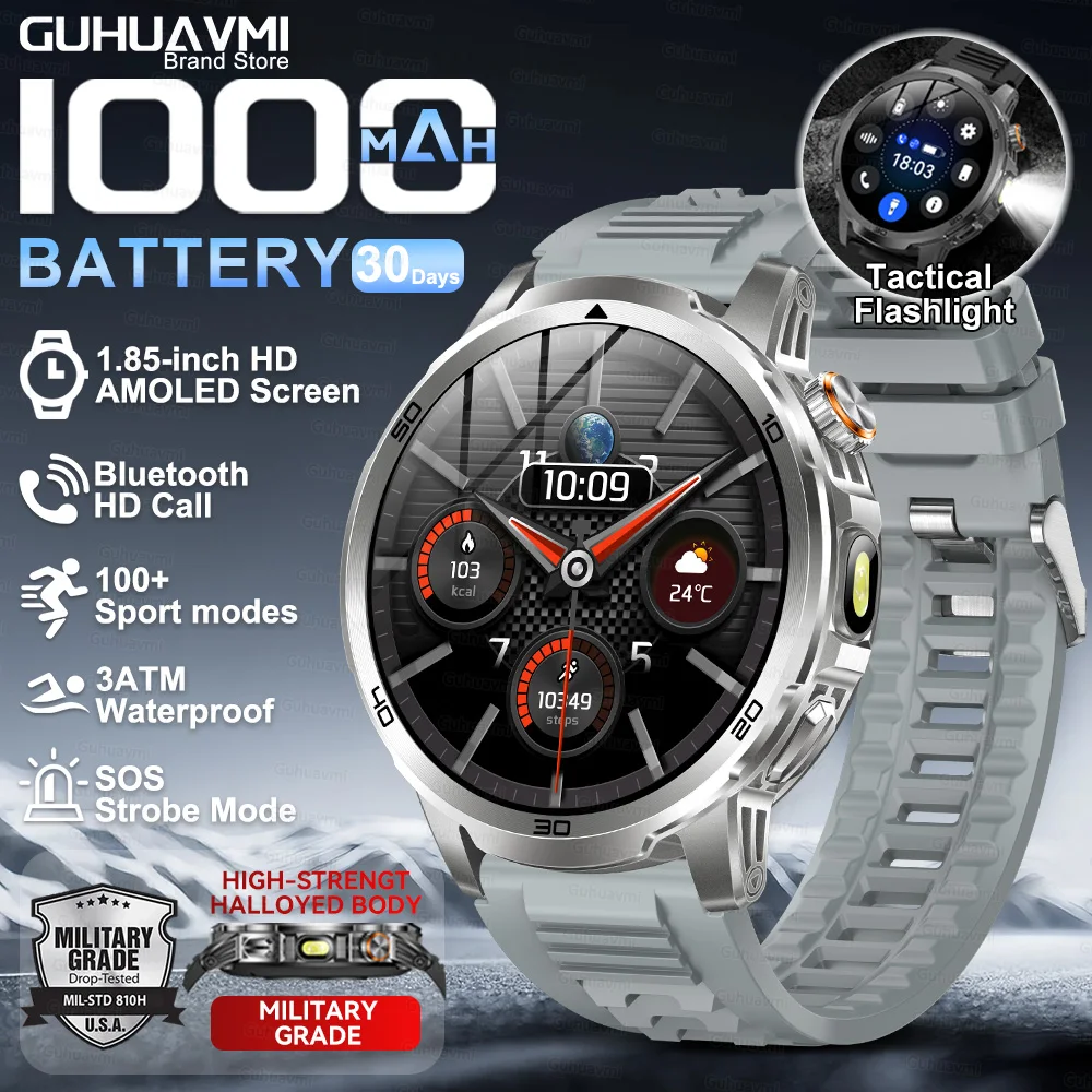 2026 Nieuwe Militaire Outdoor Smart Watch 1.85 '' AMOLED 1000mAh Grote Batterij 5ATM Waterdicht Spraakoproep Sport Mannen Fitness Bracel