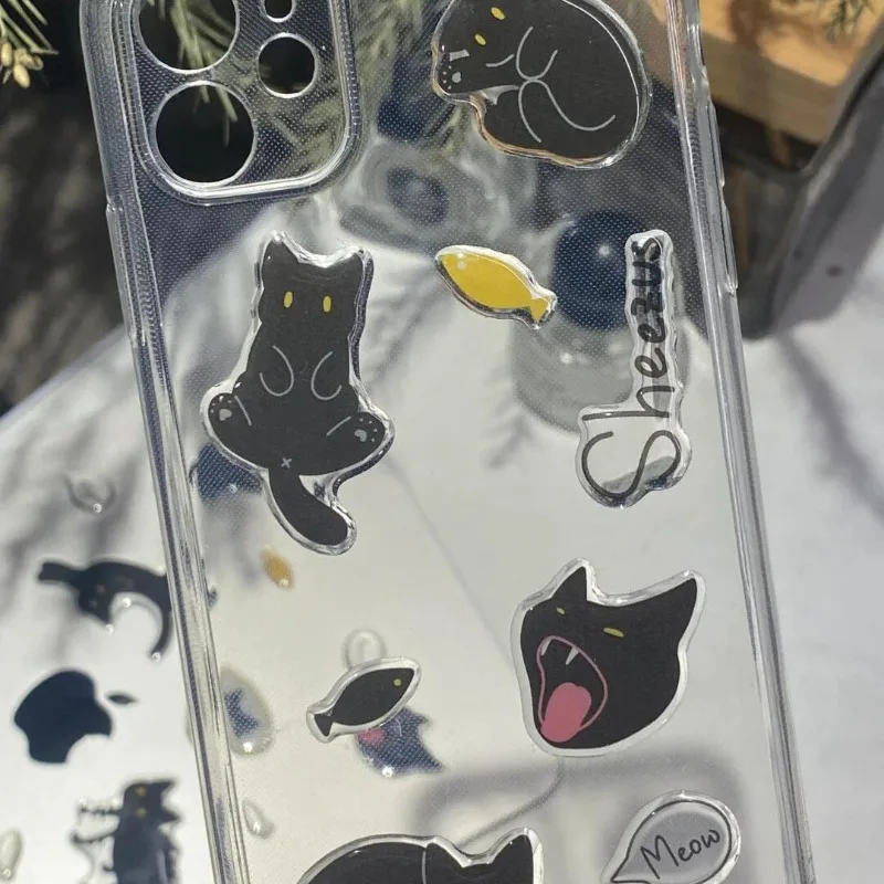 Funny Black Kitten Jelly Stickers Cute Gel Phone Case Decals INS Cartoon  Aesthetic Cartoon Cat Stickers Removable Decorations view 2