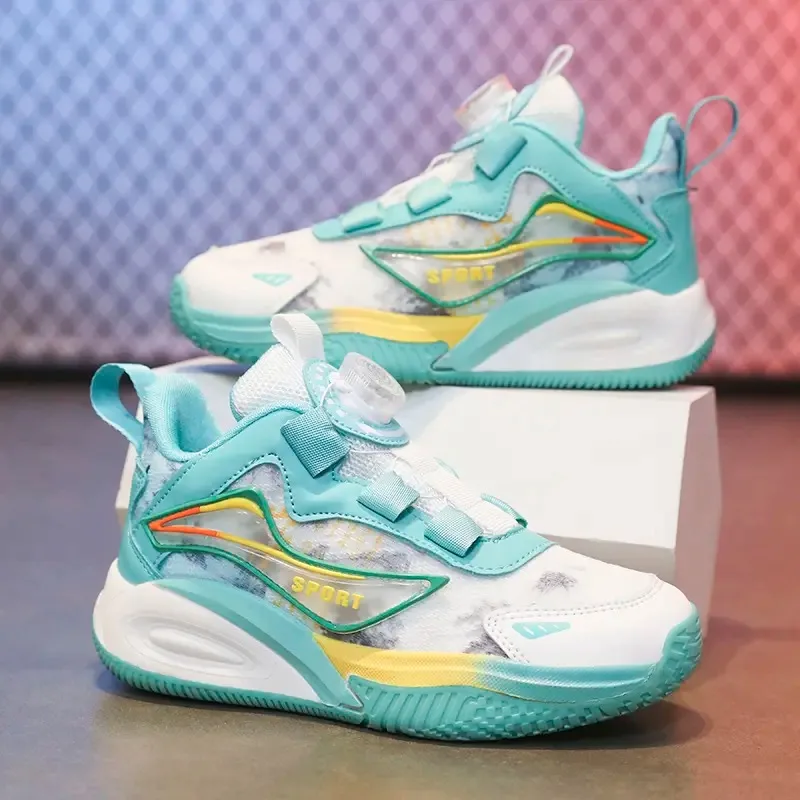 أحذية كرة سلة شبكية للأولاد، أحذية مسامية ومضادة للانزلاق للمنافسة والتدريب، أحذية كرة سلة بإبزيم دوار