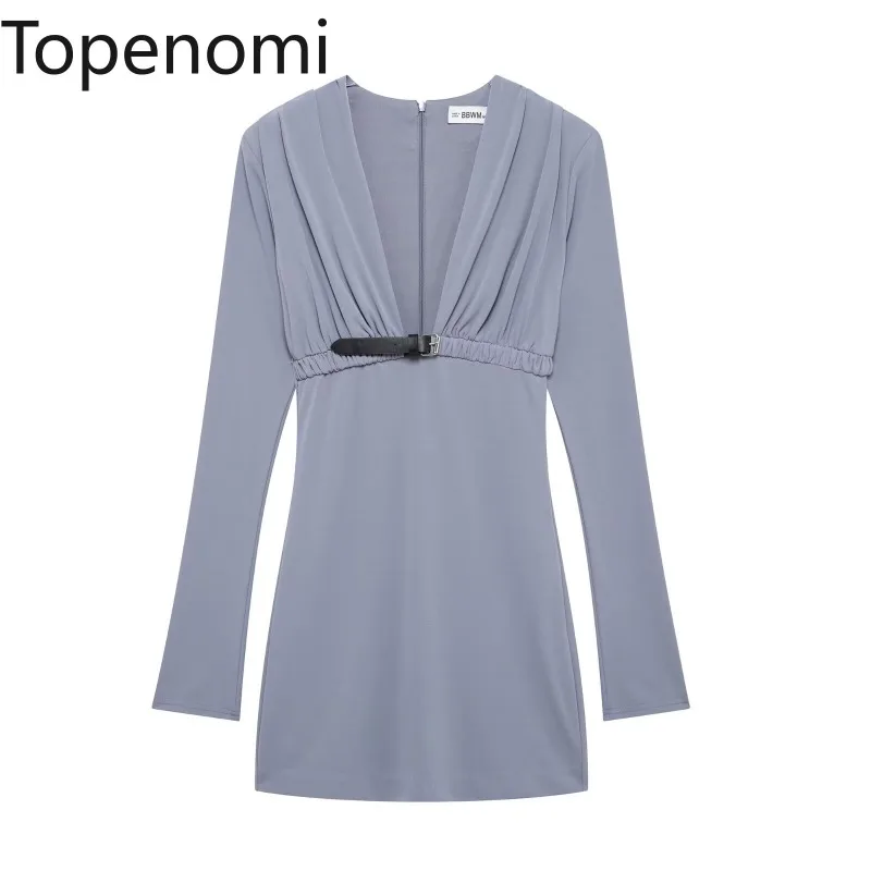 Topenomi Sexy Folds V Neck Long Sleeve Dress Women 2025 New Elegant Slim Evening Party Short Dresses Fashion Back Zip Vestidos